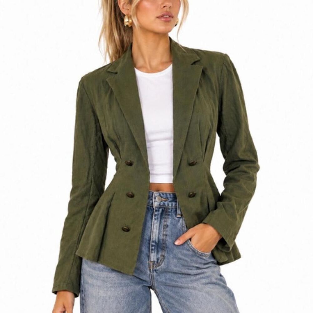 Vintage Y2K Free People Olive Green Linen Cinched Blazer Coquette Fairycore XS